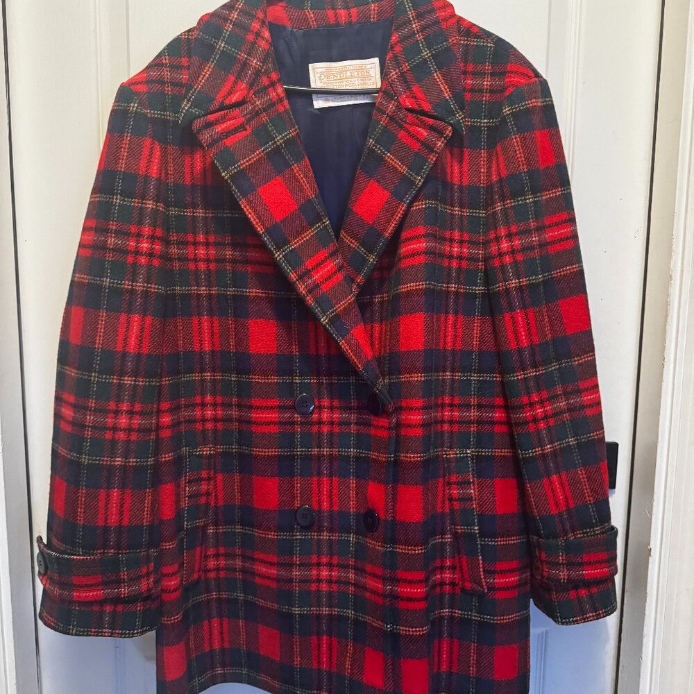 Vintage 1980s Pendleton Red & Green Tartan Wool Peacoat | Size: XL (18)